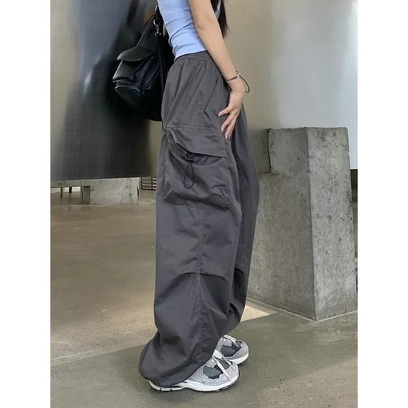 Women Cargo Pants Capris Y2K Medium M Gray Elastic Waist High Rise Drawstring - Picture 2 of 12